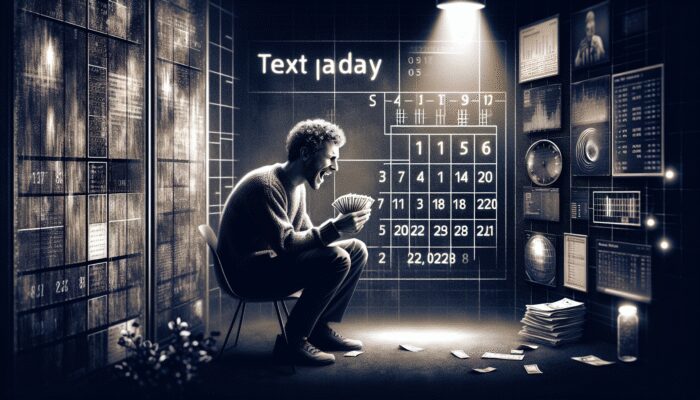 A person in a dimly lit room holding cash, with a calendar showing next payday circled, symbolizing financial stress from high interest rates.