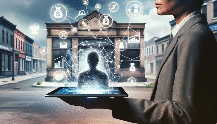 A person using a tablet to explore income options like freelancing and online selling, with a payday loan office in the background.