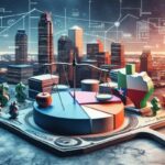 A city skyline at sunset with digital financial graphs overlays. In the foreground, a pie chart, dollar signs, and a Texas-shaped icon sit on a large dollar bill, offering Smart Tips for navigating economics and law in Texas Payday Loans.