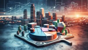 A city skyline at sunset with digital financial graphs overlays. In the foreground, a pie chart, dollar signs, and a Texas-shaped icon sit on a large dollar bill, offering Smart Tips for navigating economics and law in Texas Payday Loans.