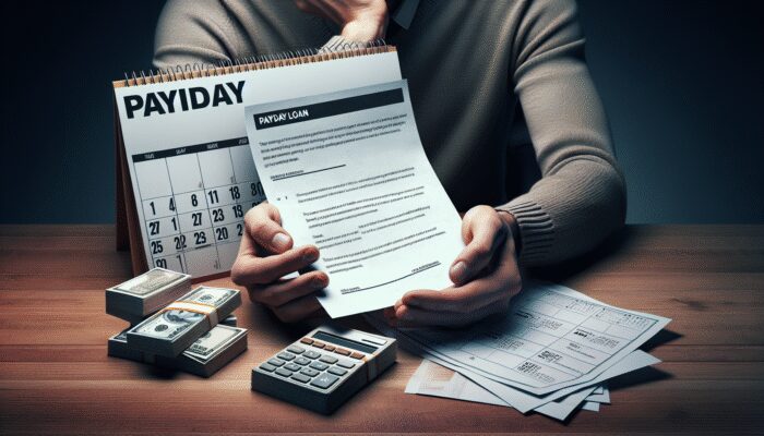 Person in financial distress with Payday Loan contract, calendar, and high-interest notices.