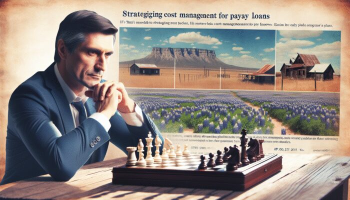 Businessman in Texas strategizing cost management for payday loans amidst financial charts and state landscapes.