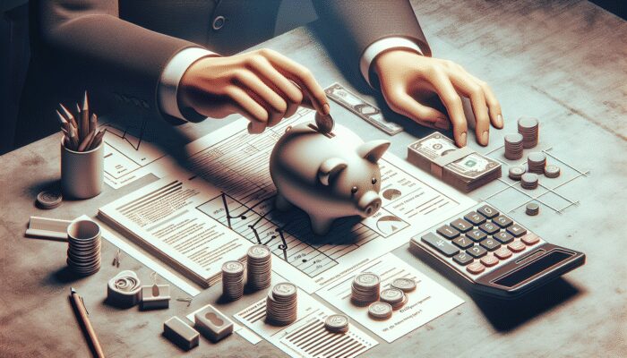 Person planning budget with documents, calculator, and piggy bank to avoid payday loan debt traps.