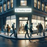 A busy city street at night with many people walking past a brightly lit corner building featuring a prominent "Payday Loan" sign, reflecting recent Payday Loan Trends among Texas Millennials. Storefronts and streetlights complete the vibrant scene.