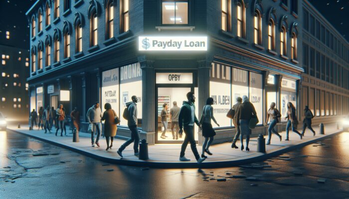 A busy city street at night with many people walking past a brightly lit corner building featuring a prominent "Payday Loan" sign, reflecting recent Payday Loan Trends among Texas Millennials. Storefronts and streetlights complete the vibrant scene.