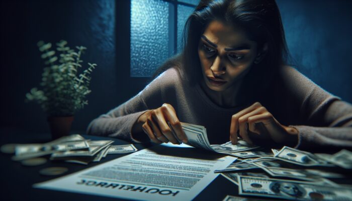 Person in dimly lit room counting cash beside high-interest loan contract, symbolizing payday loan urgency and stress.