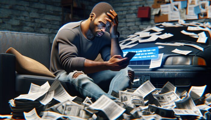 A stressed Texas millennial considers a payday loan amidst urgent bills and a broken-down car.