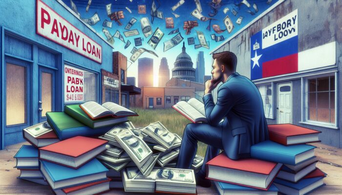 A Texas millennial considers a payday loan, surrounded by financial literacy books and signs of economic downturn.