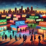 A group of silhouetted people walk toward brightly lit payday loan shops with colorful neon signs at dusk, a Texas flag visible on one building—a vivid scene highlighting Payday Loan Marketing in the heart of a bustling Texas business district.