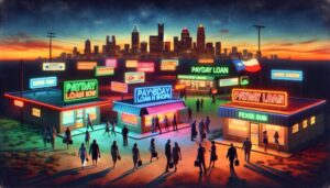 A group of silhouetted people walk toward brightly lit payday loan shops with colorful neon signs at dusk, a Texas flag visible on one building—a vivid scene highlighting Payday Loan Marketing in the heart of a bustling Texas business district.