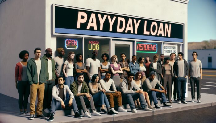 Young adults aged 18-40 from working-class Texas backgrounds anxiously waiting outside a payday loan store.