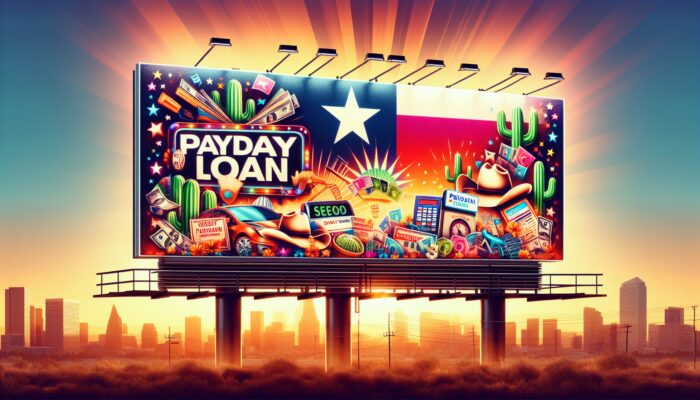 Texas-themed billboard with cowboy hats, cacti, and state flag advertising payday loans at sunset.