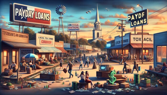 A vibrant Texas town scene with local radio and TV ads promoting payday loans, engaging the community.