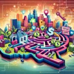 An illustrated cityscape features a brain-shaped maze with dollar signs, Texas Payday Loan signs, keys, locks, and location markers—symbolizing financial decisions and smart techniques to save money in an urban digital environment.