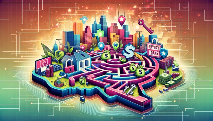 An illustrated cityscape features a brain-shaped maze with dollar signs, Texas Payday Loan signs, keys, locks, and location markers—symbolizing financial decisions and smart techniques to save money in an urban digital environment.