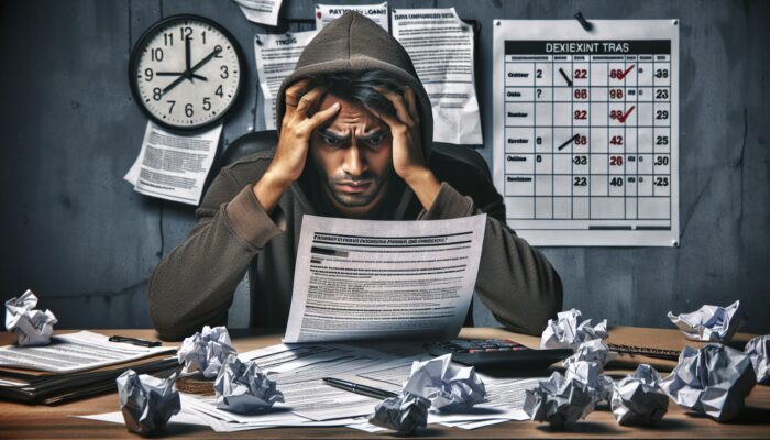 A stressed person at a desk with overdue bills, holding a Payday Loan application highlighting high interest rates and fees.