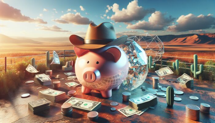 A piggy bank in a cowboy hat amidst dollar bills on a Texas landscape, with a chart on saving strategies.