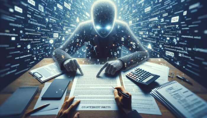 A person analyzing a payday loan contract with a calculator and notepad, focusing on key terms.