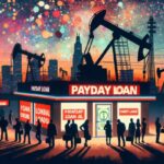 A Texas Payday Loans store with a bright sign stands before large oil pumpjacks. Silhouetted people line up outside at dusk, city buildings and colorful dots in the sky behind them, highlighting the search for financial stability.