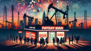A Texas Payday Loans store with a bright sign stands before large oil pumpjacks. Silhouetted people line up outside at dusk, city buildings and colorful dots in the sky behind them, highlighting the search for financial stability.
