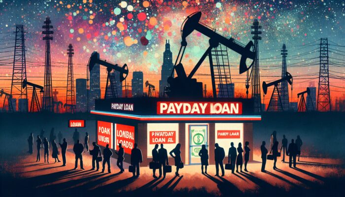 A Texas Payday Loans store with a bright sign stands before large oil pumpjacks. Silhouetted people line up outside at dusk, city buildings and colorful dots in the sky behind them, highlighting the search for financial stability.