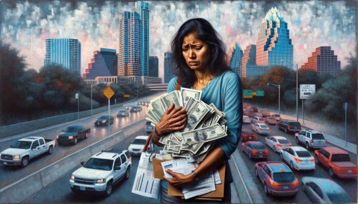 Stressed mother outside Austin payday loan office, clutching medical bills and cash envelope, with worried-relieved face and blurred skyline.