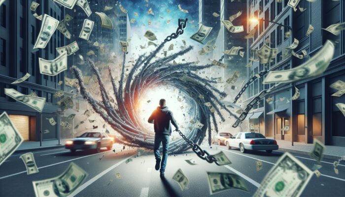 Desperate Texan borrower trapped in swirling vortex of giant dollar bills and chains, with interest rate graphs overhead in bustling street.