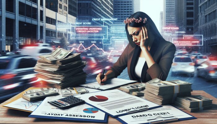 A worried borrower in a bustling Texas cityscape reviews payday loan documents on a desk cluttered with credit reports, graphs, and cash stacks.