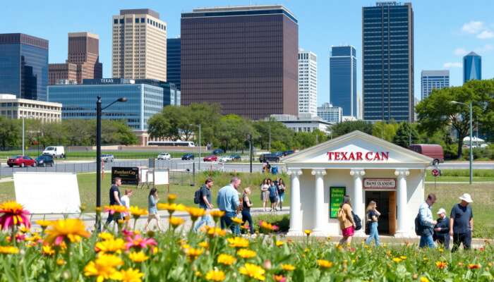 A vibrant Texas city skyline with modern buildings and a bank offering financial services, surrounded by people discussing finances and blooming wildflowers under a clear blue sky.