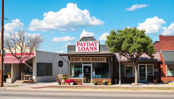 Texas small-town storefront advertising payday loans, surrounded by local shops under a clear blue sky, highlighting community and financial services.