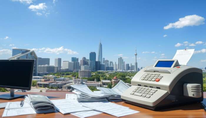 Texas city skyline with a bank, cash register, and financial documents on a table under a clear blue sky.
