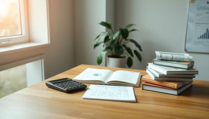 A calming office space with a wooden desk, calculator, financial books, and a plant, illuminated by soft sunlight, ideal for effective financial management.