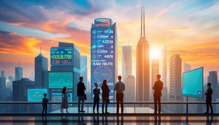 Futuristic cityscape representing finance with digital loan interest rates, diverse people using holographic financial advisors, and legal symbols integrated into the architecture against a vibrant sky.