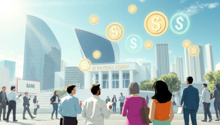 Futuristic cityscape depicting financial trends in payday loans, with diverse individuals discussing finances, digital currency symbols, and a modern bank building under a bright sky.