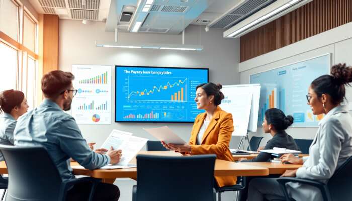 Five people sit around a conference table in a modern office, reviewing documents and charts detailing payday loan demographics. A large screen displays data and borrower profiles, while additional charts are posted on the walls.