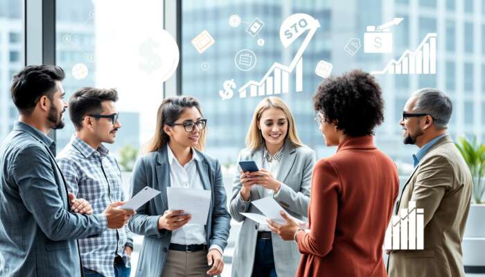 A diverse group of individuals discussing finances in an urban setting, representing various ages and ethnicities, with symbols of money and loans in the background.