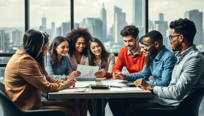 A diverse group of individuals of different ages and ethnicities discussing budgeting and loans at a table with financial documents and calculators, set against a city skyline.