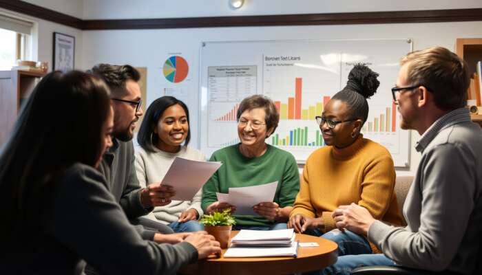 A diverse group of individuals discussing financial documents and sharing experiences about payday loans in a community center, with charts and graphs on a whiteboard illustrating borrower profiles.
