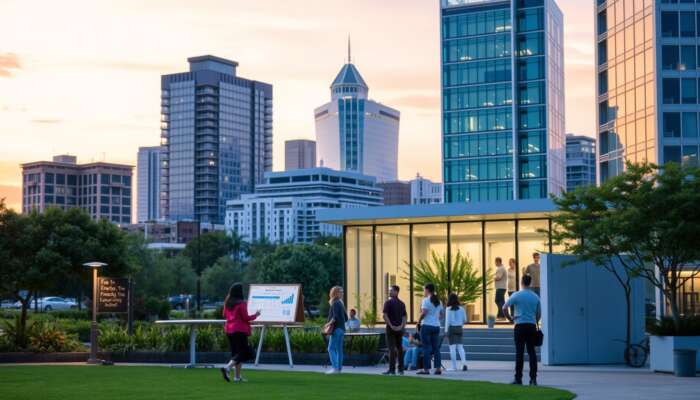 Houston cityscape at dusk with people discussing financial alternatives outside a community center, highlighting responsible borrowing in a vibrant urban setting.