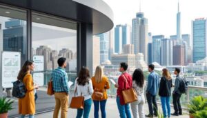 A group of people stand on a terrace in Southlake TX, overlooking a modern city skyline and waiting outside a building with large glass windows displaying charts about payday loan alternatives. Some carry bags and wear casual clothing, with potted plants nearby.