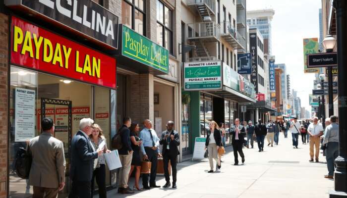 A busy urban street in Texas showcasing a payday loan storefront alongside professionals, illustrating the impact of economic fluctuations and inflation on financial choices.
