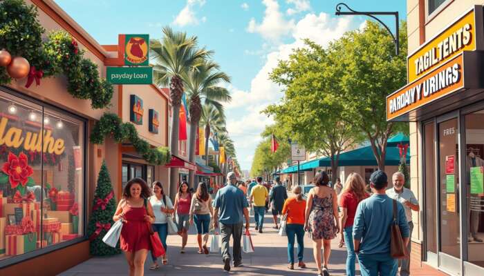 A vibrant Texas city scene during summer with seasonal workers in retail, landscaping, and construction, bustling storefronts for holiday shopping, and people discussing finances outside a payday loan store, highlighting the impact of seasonal employment on borrowing patterns.