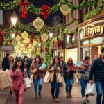 Shoppers carrying bags and gifts walk through a decorated indoor shopping street with festive garlands, red bows, and string lights—capturing the Texas seasonal spikes seen in shopping and spending during the holiday season.