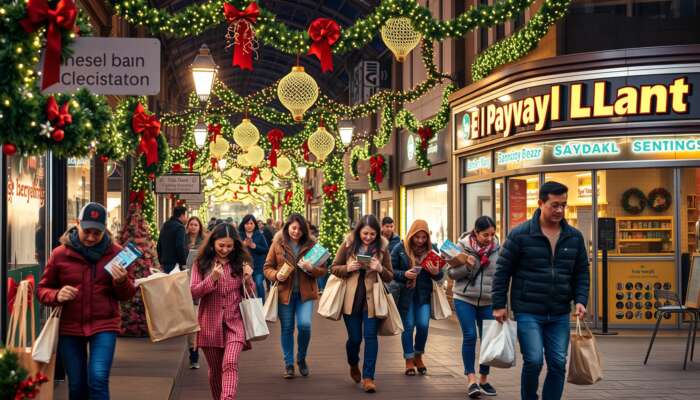 Shoppers carrying bags and gifts walk through a decorated indoor shopping street with festive garlands, red bows, and string lights—capturing the Texas seasonal spikes seen in shopping and spending during the holiday season.