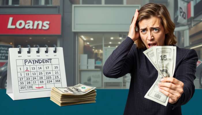 A worried individual holding a bill next to a stack of cash and a calendar marked with a payday, in front of a "Loans" storefront, illustrating financial urgency and stress.