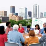 A group of people sit around a conference table outdoors on a rooftop with a city skyline in the background. Graphs and charts display Texas Payday Loan trends and Recent Victories as the group engages in a business meeting.