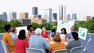 A group of people sit around a conference table outdoors on a rooftop with a city skyline in the background. Graphs and charts display Texas Payday Loan trends and Recent Victories as the group engages in a business meeting.