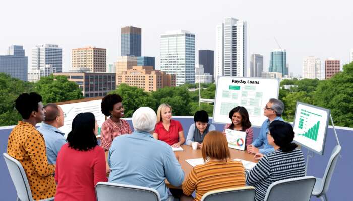 A group of people sit around a conference table outdoors on a rooftop with a city skyline in the background. Graphs and charts display Texas Payday Loan trends and Recent Victories as the group engages in a business meeting.