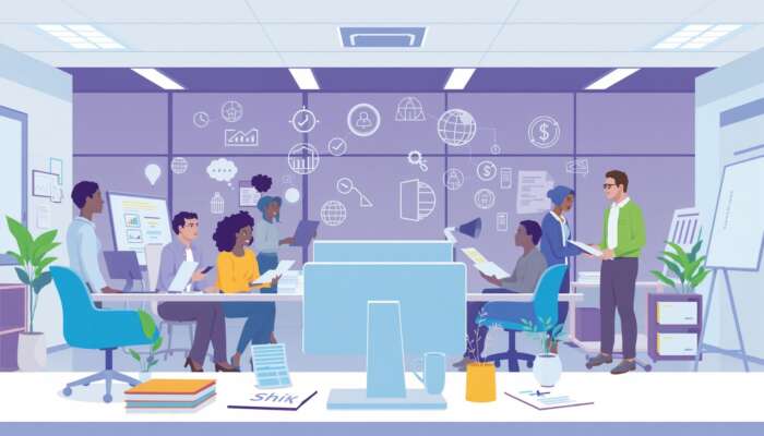 Diverse borrowers in a bright office engaging with transparent lending practices, surrounded by digital tools and resources that emphasize education, advocacy, and protection against predatory loans.