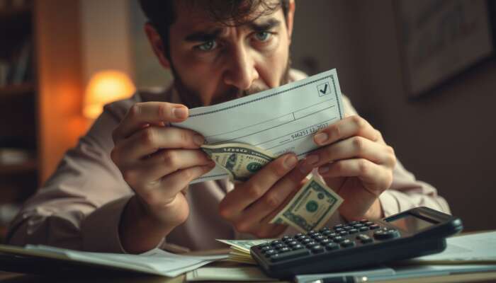 Person holding a check and cash, surrounded by bills and a calculator, looking worried in a dimly lit room, representing financial stress and urgency.